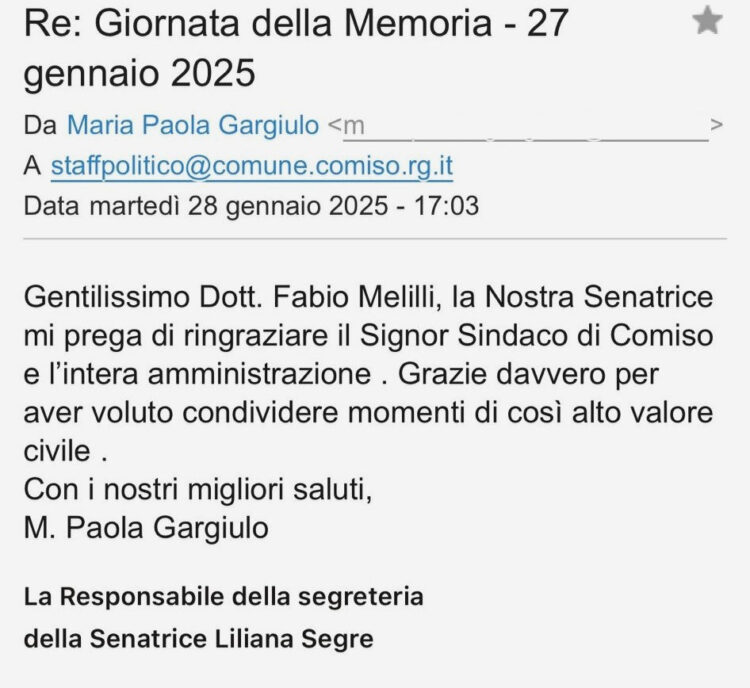 Pietra d'inciampo a Comiso, la senatrice Liliana Segre ringrazia il sindaco Schembari