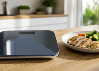 Immagine che raffigura una bilancia digitale accanto a una piccola porzione di cibo salutare per illustrare il tema della dieta da 500 calorie e della perdita di peso.