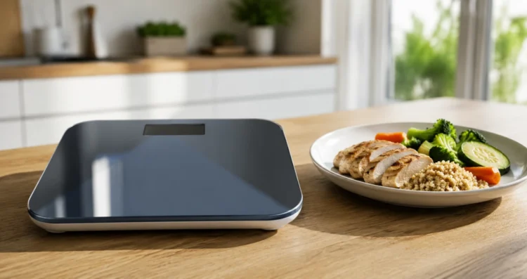 Immagine che raffigura una bilancia digitale accanto a una piccola porzione di cibo salutare per illustrare il tema della dieta da 500 calorie e della perdita di peso.
