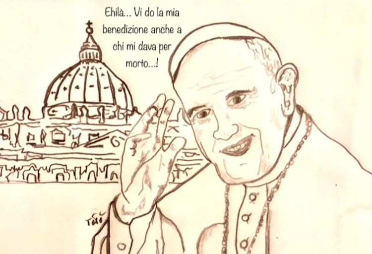 Papa Francesco in una vignetta a Ragusa, il ritorno in Vaticano: Sono felicissimo