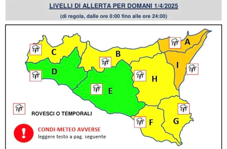 Maltempo in Sicilia, domani 1 aprile allerta temporali e venti di burrasca