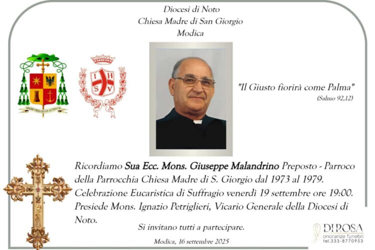 Modica, la comunità di San Giorgio ricorda Mons. Giuseppe Malandrino, vescovo emerito di Noto