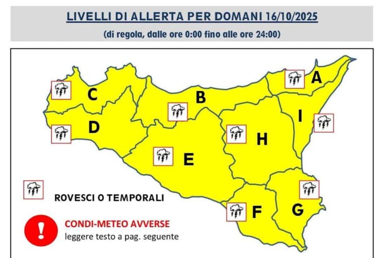 Maltempo Sicilia: allerta gialla estesa a giovedì 16 ottobre per piogge e temporali