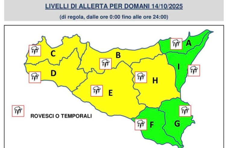 Maltempo Sicilia, allerta meteo gialla domani 14 ottobre per piogge e temporali