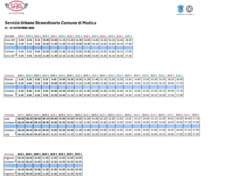 Modica, navette gratuite 1 e 2 novembre