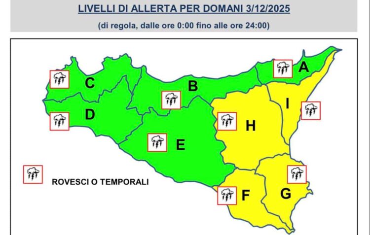 Maltempo Sicilia, allerta meteo gialla per mercoledì 3 dicembre