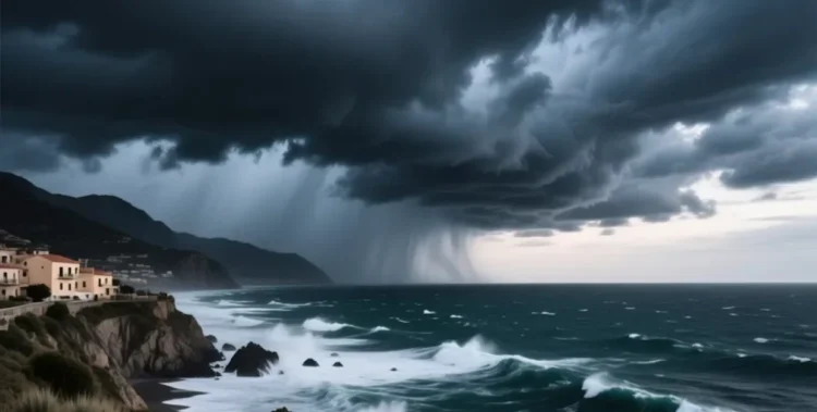 Cielo tempestoso sulla Sicilia orientale con nuvole scure, vento forte e mare agitato durante l’allerta meteo.