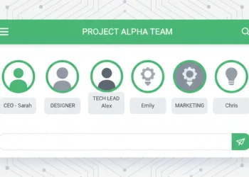 Schermata illustrata di un gruppo WhatsApp con descrizioni membro sotto ogni partecipante