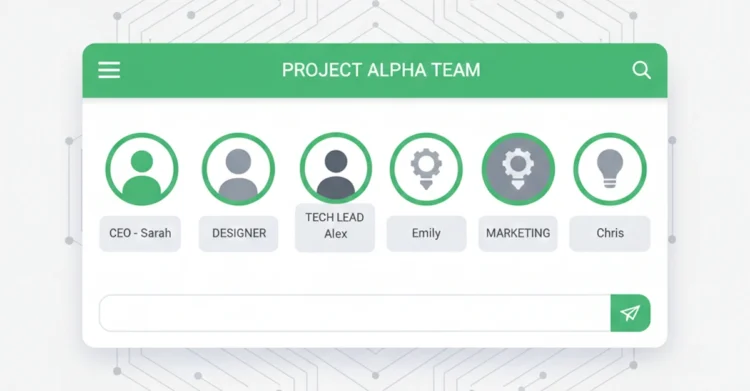 Schermata illustrata di un gruppo WhatsApp con descrizioni membro sotto ogni partecipante