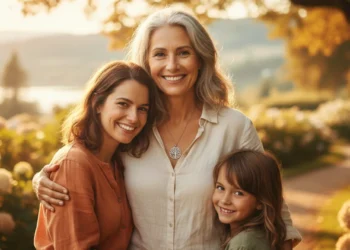 Donna matura sorridente all’aperto, simbolo di longevità e benessere.