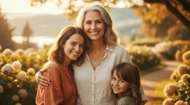 Donna matura sorridente all’aperto, simbolo di longevità e benessere.