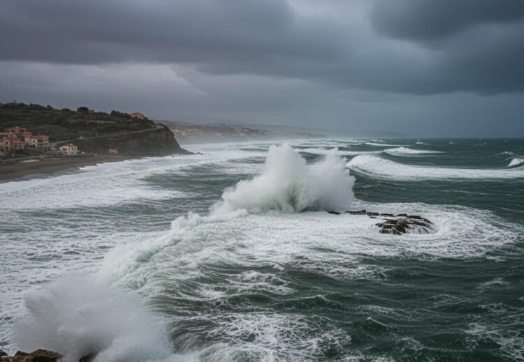 Maltempo in Sicilia con mare agitato e cielo nuvoloso