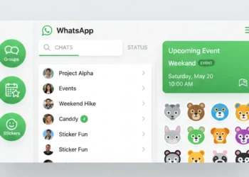 Interfaccia WhatsApp con gruppi ed eventi in evidenza