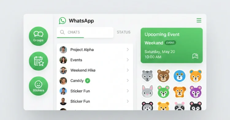 Interfaccia WhatsApp con gruppi ed eventi in evidenza