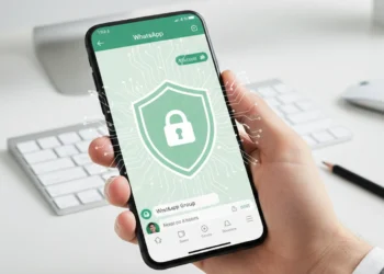Schermata gruppo WhatsApp con icone di privacy 2026