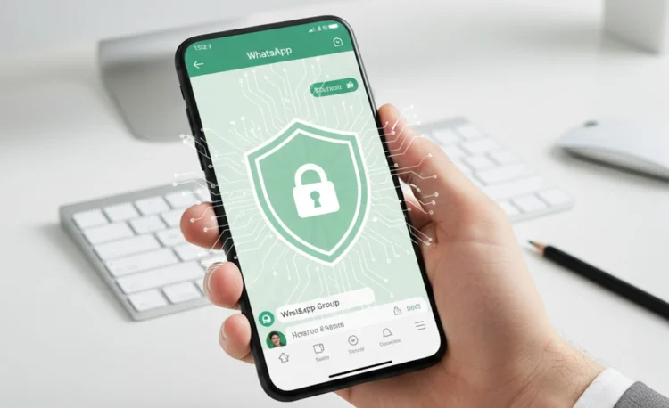 Schermata gruppo WhatsApp con icone di privacy 2026