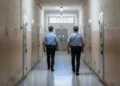 Corridoio carcerario italiano con agenti della Polizia Penitenziaria