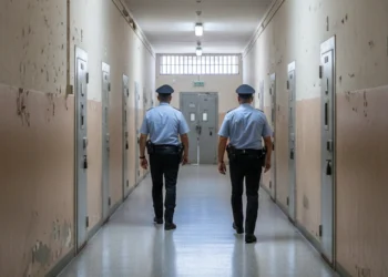 Corridoio carcerario italiano con agenti della Polizia Penitenziaria