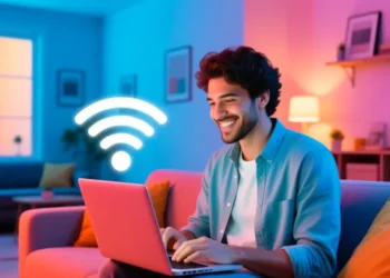 Persona che utilizza laptop con Wi-Fi