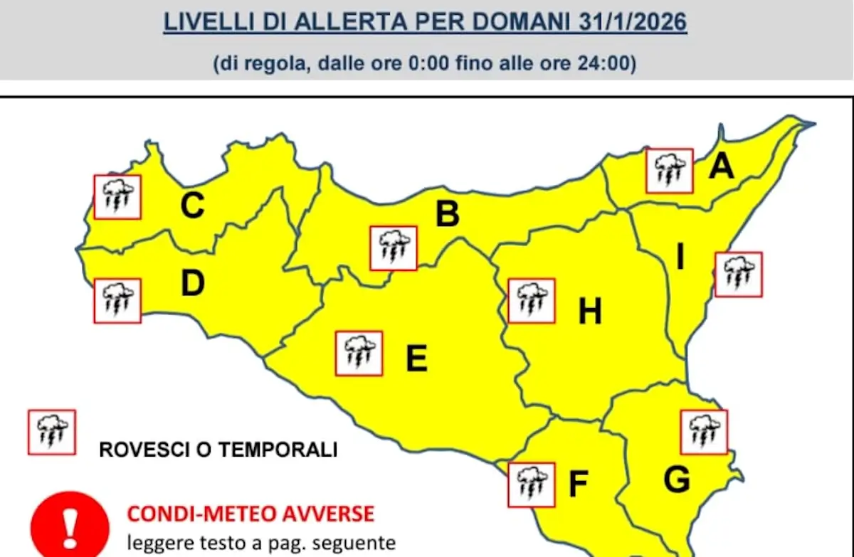 Maltempo in Sicilia: la Protezione Civile dichiara allerta gialla per sabato 31 gennaio