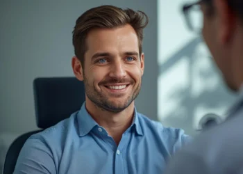 Uomo adulto sorridente durante un colloquio sereno con un urologo in uno studio medico luminoso per la prevenzione maschile.