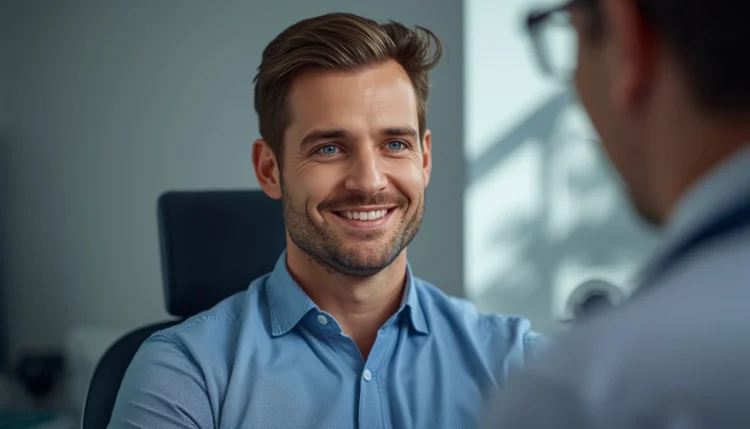 Uomo adulto sorridente durante un colloquio sereno con un urologo in uno studio medico luminoso per la prevenzione maschile.