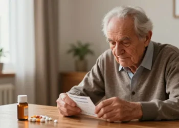 anziano che osserva una confezione di farmaci