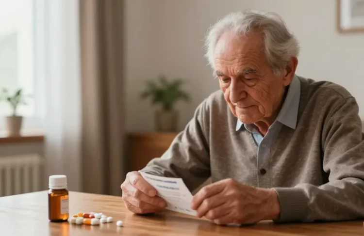 anziano che osserva una confezione di farmaci