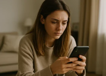 Giovane donna osserva lo smartphone riflettendo sulla salute mentale