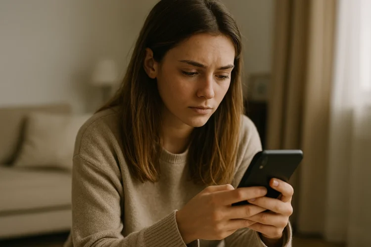 Giovane donna osserva lo smartphone riflettendo sulla salute mentale