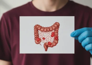 Illustrazione medica del colon con tumore, usata per articolo sul tumore del colon-retto nei giovani