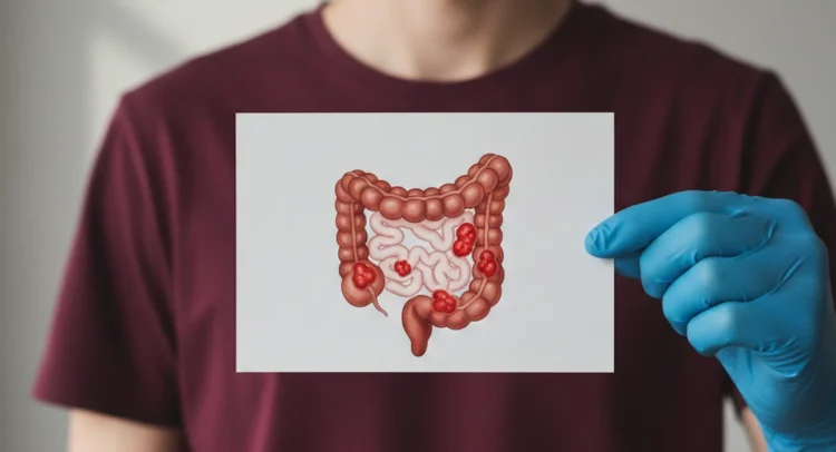 Illustrazione medica del colon con tumore, usata per articolo sul tumore del colon-retto nei giovani