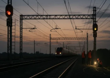 Veduta al tramonto di una linea ferroviaria ad alta velocità in Italia, con tecnici in lontananza che ispezionano un cavo danneggiato vicino ai binari. In primo piano segnali ferroviari illuminati e luci di manutenzione.