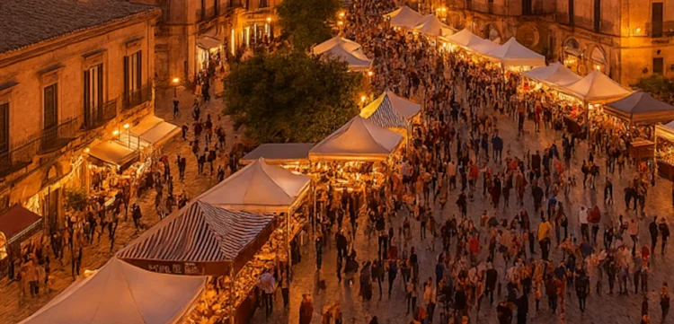 Panoramica del centro storico barocco di Modica al tramonto durante ChocoModica, con stand del cioccolato, luci calde e atmosfera festiva.