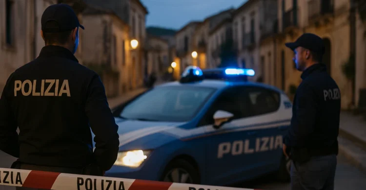 Polizia di Stato vicino alla volante durante un’operazione a Modica al tramonto