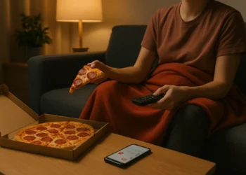 Persona sola sul divano che mangia pizza e guarda la TV, smartphone con notifiche social sul tavolino