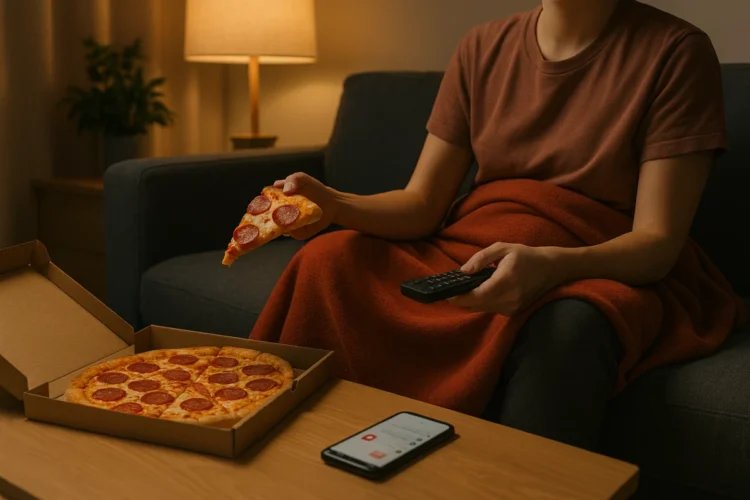 Persona sola sul divano che mangia pizza e guarda la TV, smartphone con notifiche social sul tavolino