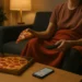 Persona sola sul divano che mangia pizza e guarda la TV, smartphone con notifiche social sul tavolino
