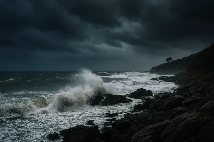 Maltempo in Sicilia con onde alte e cielo scuro.