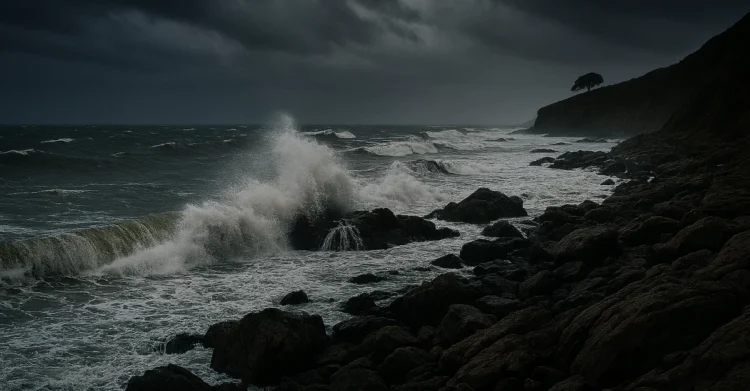 Costa siciliana durante una forte mareggiata con cielo scuro.