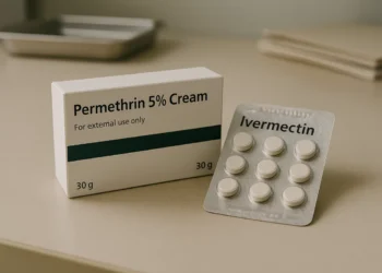 Farmaci per la scabbia su tavolo medico