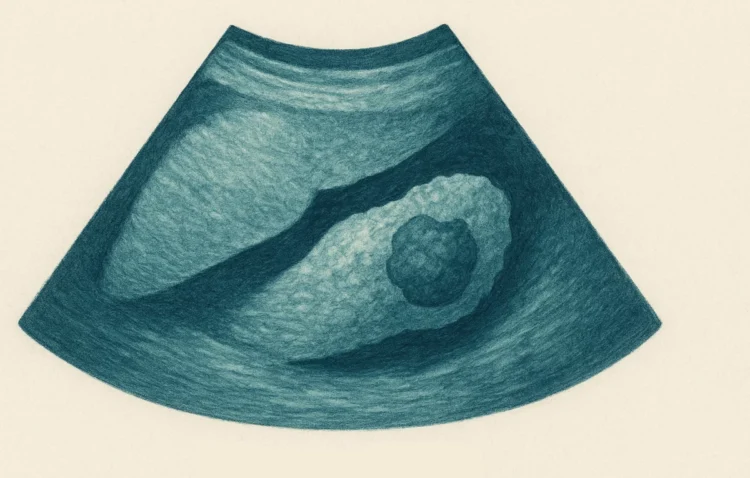 Immagine di un'ecografia del pancreas con evidenziata una massa tumorale