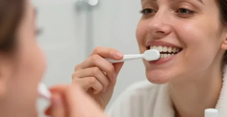 persona adulta che si lava i denti davanti allo specchio, con luce naturale e focus su spazzolino e gengive sane.