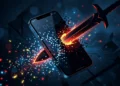 DarkSword iPhone: icona di una spada oscura che minaccia uno smartphone Apple.