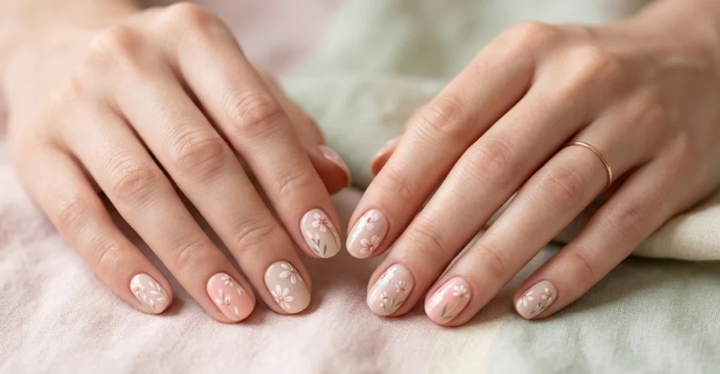 Manicure con micro fiori su base nude in stile flower nails