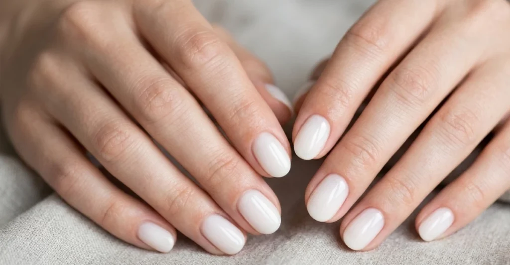 Unghie milky white con finish lattiginoso e lucido