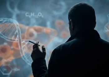 Studio nicotina padri diabete: silhouette uomo e cellule metaboliche