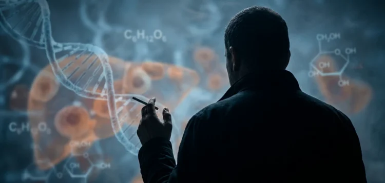 Studio nicotina padri diabete: silhouette uomo e cellule metaboliche