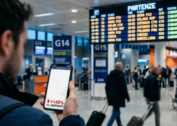 Analisi del caro voli Sicilia tramite smartphone in aeroporto.