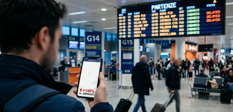 Analisi del caro voli Sicilia tramite smartphone in aeroporto.